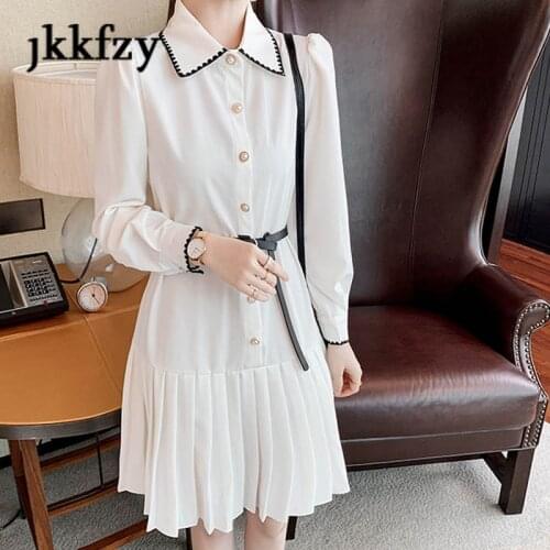 Woman Fashion White Shirt Dress Spring Elegant Long-sleeved Single-breasted Pleated Dress Female Luxury Party Clothes Belt