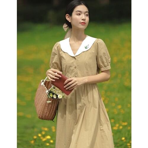 Summer Womens Japanese Girls Pastoral Style Retro Art Puff Sleeve College Navy Collar Loose Dress Small Fresh Long Dress