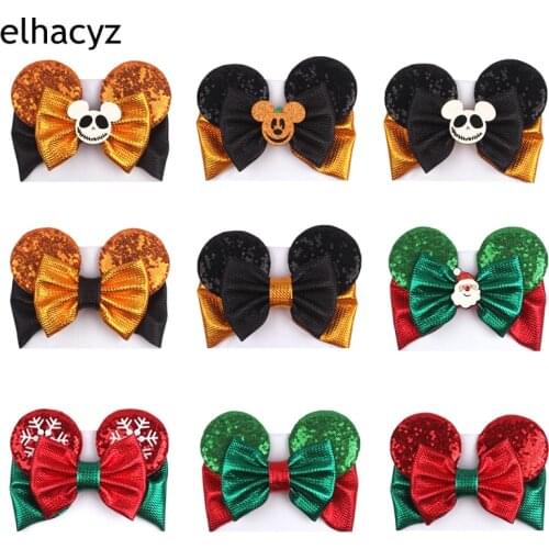 10pcs/lot Halloween Mouse Ears Turban Headband 5'' Hairbows Christmas Hair Band Girls Kids Festival Hair Accessories Head Wrap