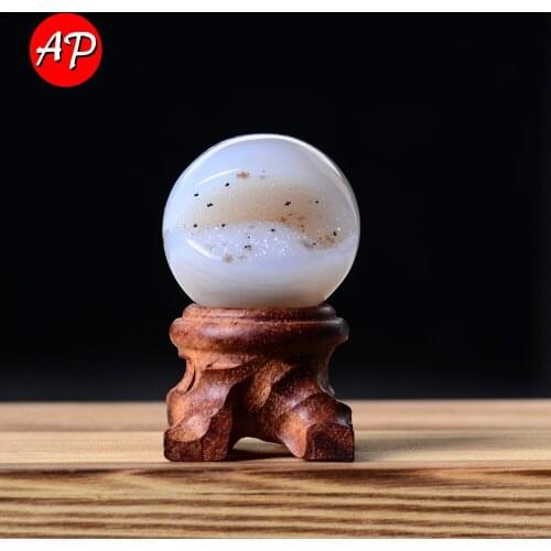 25-35mm Natural Crystal Agate Hole Ball Energy Gemstone Feng Shui Ornaments Office Quartz Decorate With Wooden Base