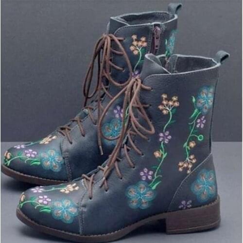 Vintage Flower Embriodery Cowboy Boots for Women Bandage Ankle Boots 2020 Autumn Punk Motorcycle Boot