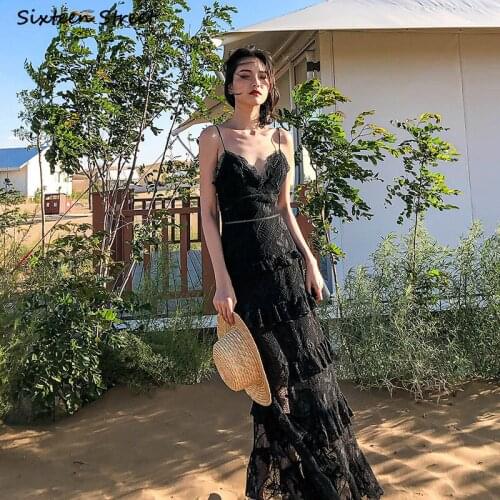 Black Lace Strap Dresses Woman Summer Vintage Hollow Out High Waist Vestido Woman Clothing Sleeveless Runway Party Dress Female