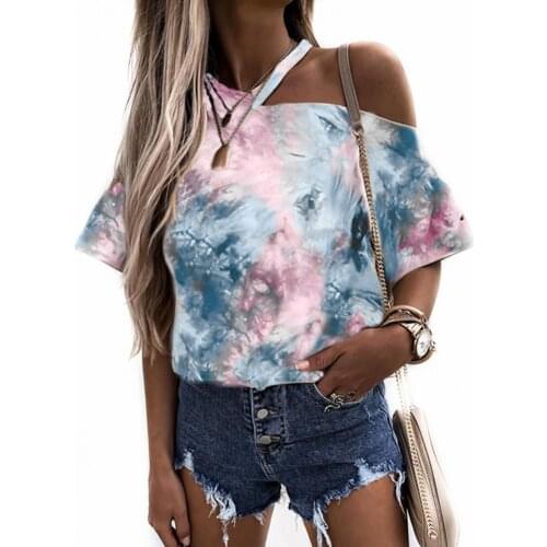 Women Tops T-shirt One Shoulder Tops Tie Dye Loose Hanging Shoulder Short Sleeve Top Summer Tops Streetwear Футболка
