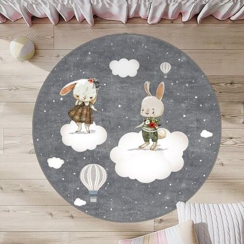 Gri Yuvarlak Çocuk Odası Halısı tavşan bulut yıldız balon