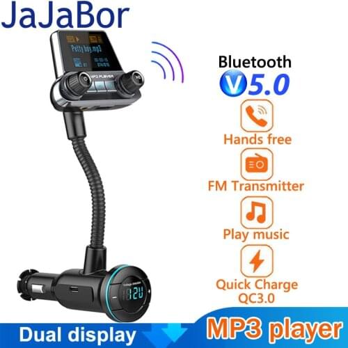 JaJaBor Bluetooth 5.0 Car Kit Handsfree FM Transmitter AUX Audio Receiver Quick Charge QC3.0 1.4 Inch Large Screen Display