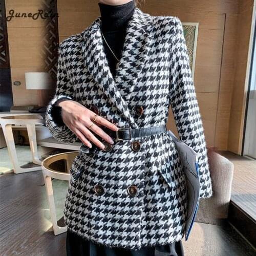 JuneRain Office Lady Jackets Vintage New Korean Version With Waist Bag Houndstooth Woolen Coat Casual Double Breasted Outwears
