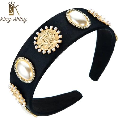 King Shiny Elegant Baroque Big Imitation Pearl Headband Vintage Sparkly Rhinestone Beaded Solid Color Fabric Hairband Girl Bezel