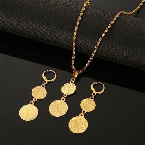Gold Color Coin Pendant Necklace Earrings Arab African Money Sign Middle Eastern Coin Money Charm Jewelry Set