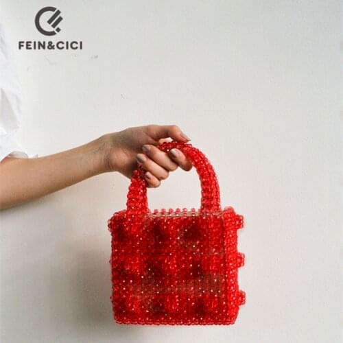 Pearls bag luxury designer brand Acrylic crystal clear beaded box totes bag women retro party bucket handbag red summer vintage