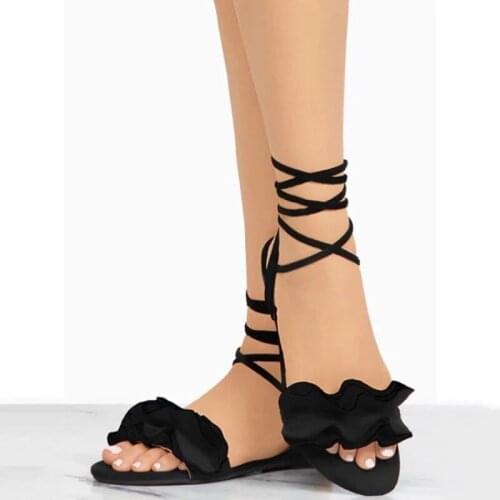 Flower Summer Sandals For Women Ruffles Shoes Woman Cross Bandage Sandals Summer Shoes Lace-up Ankle Strap Sandalias Mujer