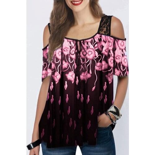 Women Short Sleeve Tops 5XL Plus Size Blouses Loose Summer Sexy Lace Off Shoulder Patchwork Strap Blouses Shirt Print Pullover