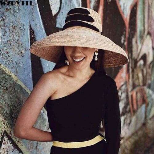 2019 New Black Bandage Band Floppy Brim Raffia Hat Women Summer Beach Hats Kentucky Derby Sun Hat Large Wide Brim Straw Hat