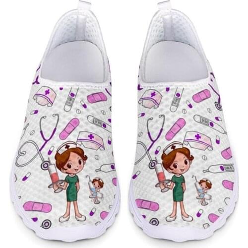WHEREISART Cute Cartoon Nursing Doctor Surgery Printed Woman Flats Sneakers Mesh Nurse Shoes Women Light Weight Ladies Footwear