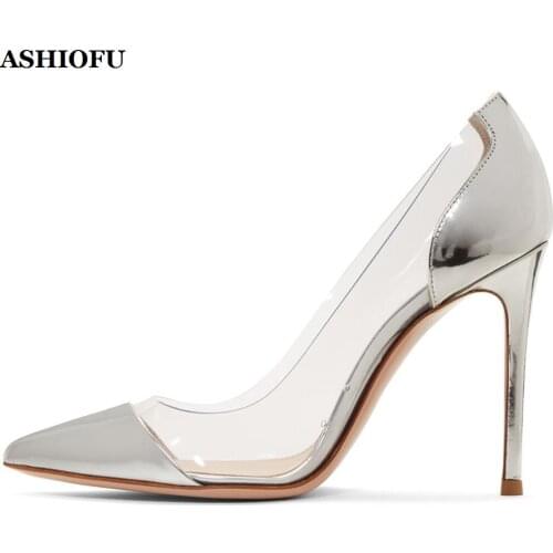 ASHIOFU Handmade New Ladies 10cm High Heel Pumps PVC Sexy Party Prom Dress Shoes Pointed-toe Evening Daily Wear Fashion Shoes