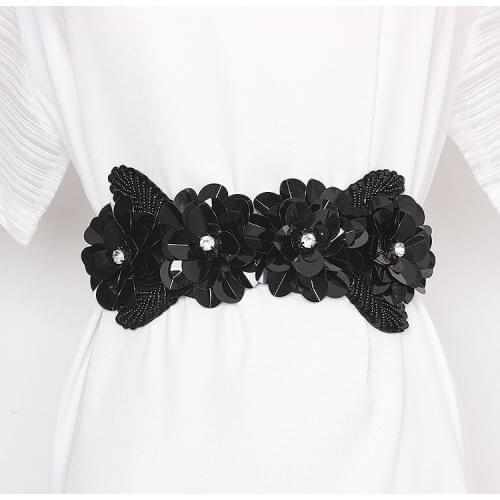 Bling Sequined Flower Women Elastic Waistband Black Silver Satin Sequins Beading Waist Belt