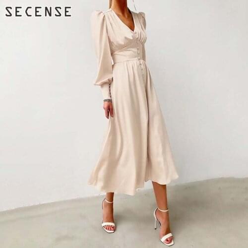 A Line Satin Dress Women Long Sleeve Lantern Sleeve v Neck Single-Breasted Midi Waist Dress Lady Clothing Elegant French Style