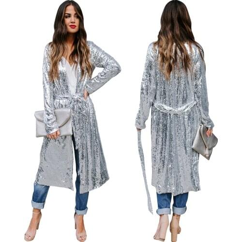 FNOCE 2020 autumn new Womens coat Fashion Casual Elegant Solid Silver Paillette Long Sleeve Slim Long Coat (Including Belt)