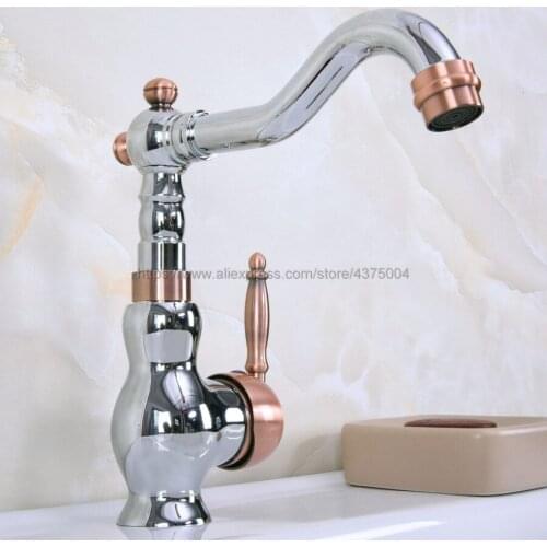 Deck Mounted Bathroom Basin Single Handle Faucet Polished Chrome And Red Copper Hot and Cold bathroom Sink Rotable Tap Nnf914