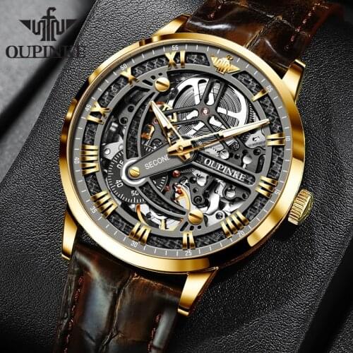 OUPINKE Luxury Brand Men Automatic Skeleton Mechanical Watch Men Fashion Classic Sapphire Watches Leather relogio masculino