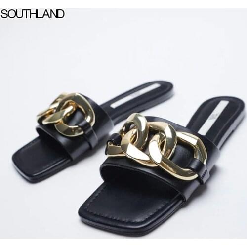 SOUTHLAND 2021 New Summer Metal Chain ACTS Role of Womens Black Slippers Square Toe Flat Sandals Female