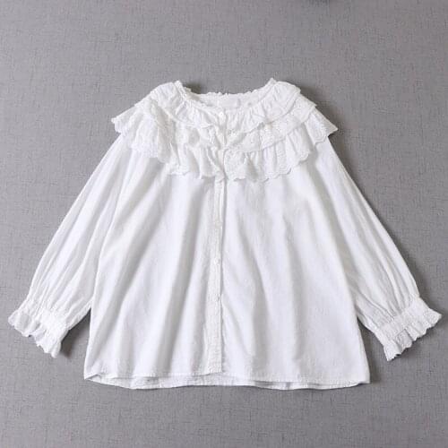 FairyNatural Women Lolita Emboirdery Layers Ruffles Shirt And Blouse Cotton 100% Ladies Casual Tops 2021 Spring Autumn
