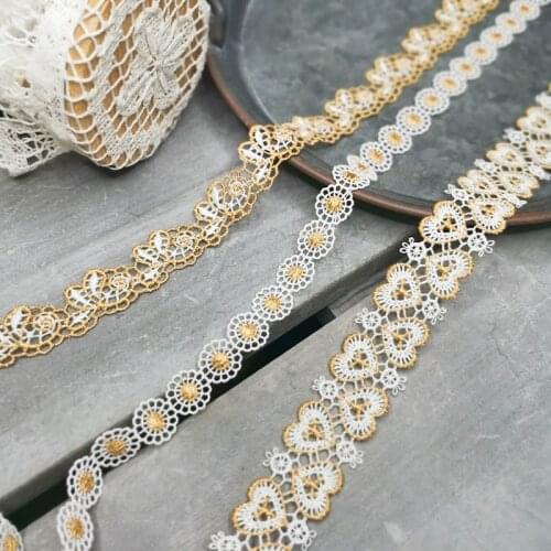 10Yds Handmade Golden Thread Flower Hearts Embroidered Lace Edge Trim Ribbon Applique Wedding Dress Sewing Craft 2021