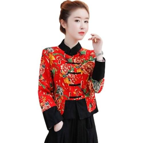 2021 Chinese Style Clothing Women Vintage Winter Jackets Tang Suit Casual Quilted Coats Loose Floral Ladies Chinese Tops G255