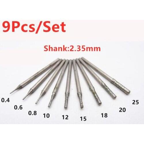 9Pcs 2.35mm Shank Diamond Grinding Head Grinding Needle Bit Burr for Mini Grinder, Mini Drill etc Carving Tool