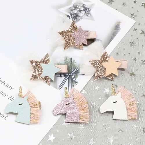 Glitter Baby Unicorn Hairclips Cartoon Star Hair Clips Cute Mini Hairpins Kids Headwear Girls Fashion Hair Accessories