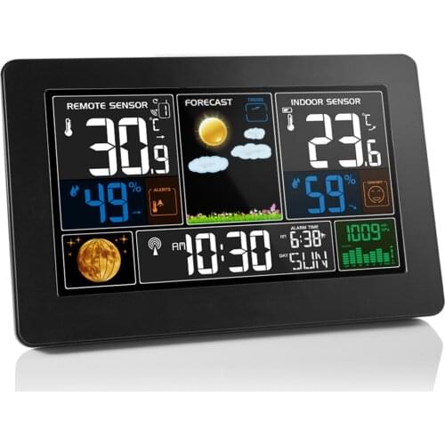 FanJu Weather Station Digital Alarm Clock Indoor Outdoor Thermometer Hygrometer Barometer USB Charger Wireless Sensor