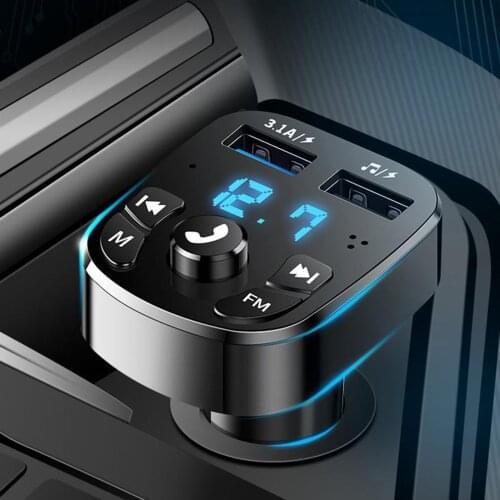 Bluetooth Version 5.0 FM Transmitter Car Player Kit Card Car Charger Quick With QC3.0 Dual USB Voltmeter & AUX IN/OUT DC 12/24V