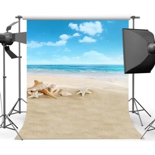 MOCSICKAPhotography Background Sandy Beach Photo Summer Blue Sky Sea Backdrop Shell Conch Props S-537