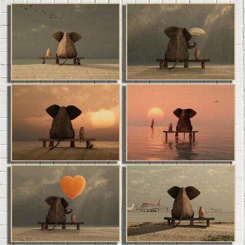 Lnteresting Elephant And Lion Look At the SceneryL Kraft Paper Poster Bar Cafe Living Room Dining room Wall Decorative Paintings