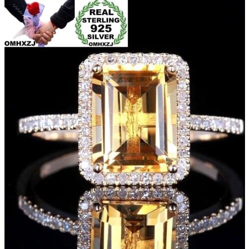 OMHXZJ Wholesale European Fashion Woman Man Party Wedding Gift White Yellow Square AAA Zircon 925 Sterling Silver Ring RR63