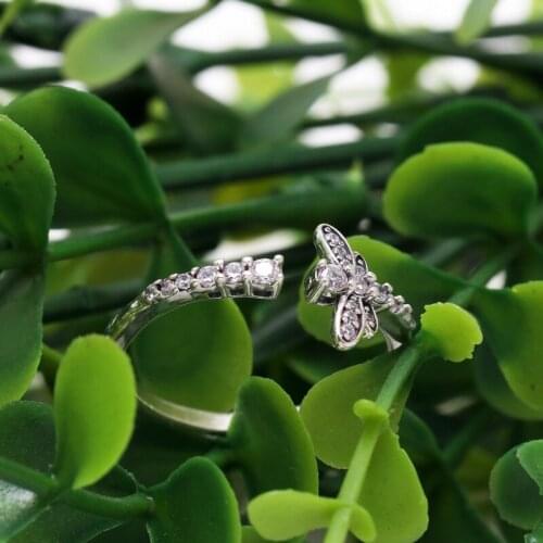 New Original 925 Sterling Silver Sparkling Dragonfly Open Ring For Women Resizable Wedding Engagement Pan Rings DropShipping