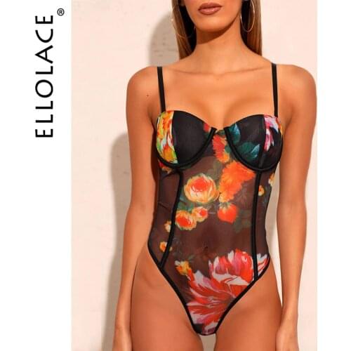 Ellolace Lace Bodysuit Floral Womens Rompers Bodycon Transparent Womens Jumpsuit Sexy Babydolls Sleveless Overalls Body Suit
