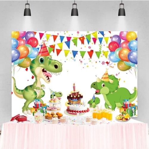 Laeacco Cartoon Dinosaur Cake Ribbon Balloon Boy Birthday Photo Photography Background Photographic Backdrop For Photo Studio