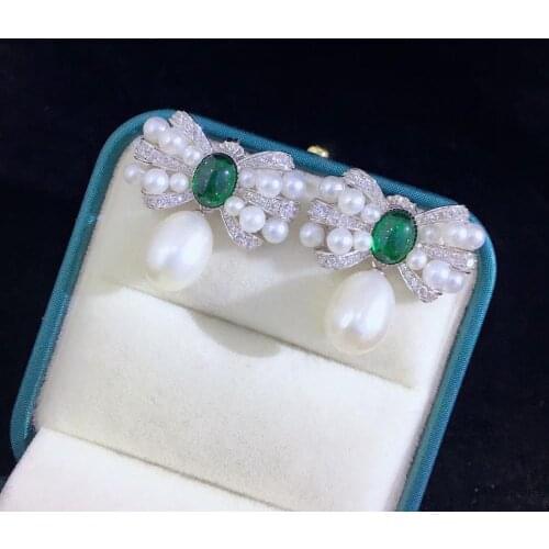 Vintage cute natural fresh water pearl stud earring 925 sterling silver with cubic zircon bowknot fine women jewelry red green
