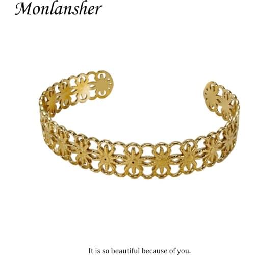 Monlansher Classy Geometric Hollow Sun Flower Cuff Bangle Gold Color Titanium Steel Open Bangle Vintage Fashion Bangles Jewelry