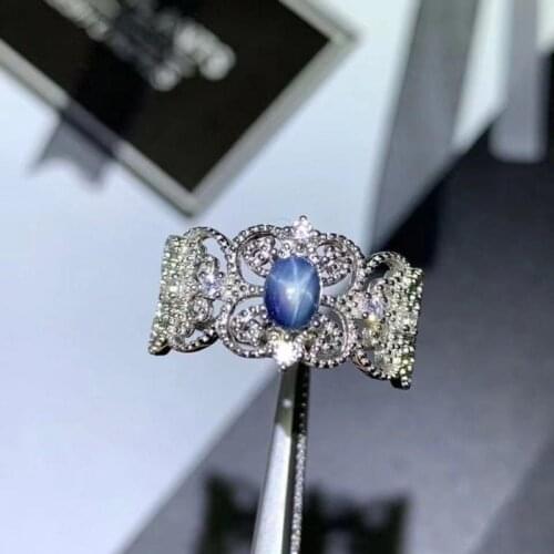 Natural Star Sapphire S925 Sterling Silver Ring Birthstone Ring Ladies Blue Gemstone Fashion Pop Ring