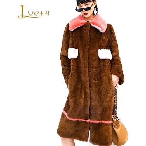 LVCHI 2019 Show Style Winter Imported velvet Mink Fur Coat Real Fur Coats Women Mandarin Collar Packet Silm Long Mink Fur Coats