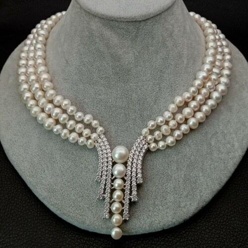 18" 3 Strands 7-9mm Cultured White freshwater Pearl Necklace inlay zircon Pave Pendant fine jewelry