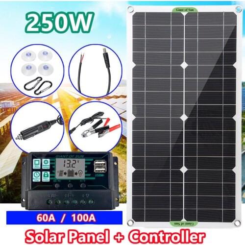 Solar Panel Kit Complete Dual 250W 12/5V DC USB With 60A/100A Solar Controller Solar Cells for Car Yacht RV Battery Charger