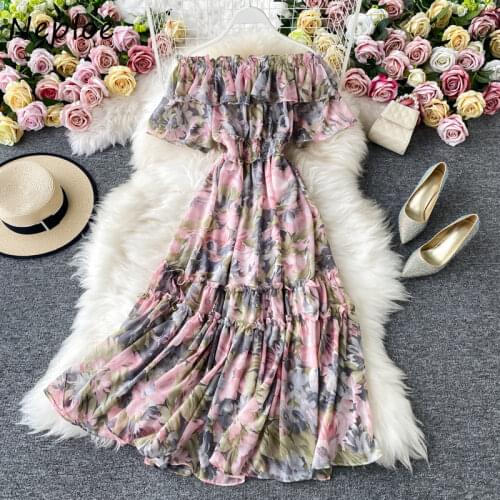 Neploe Sexy Slash Neck Shoulder Strapless Dress Women High Waist Hip A Line Chiffon Vestidos Summer Bohemian Print Robe Spring