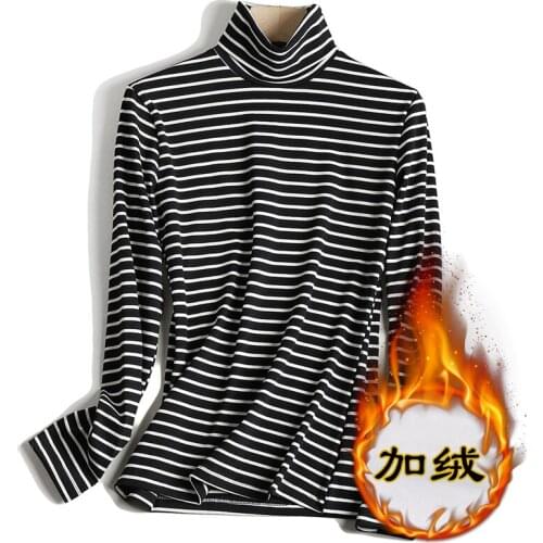 Striped high-neck bottoming shirt womens long-sleeved plus velvet padded inner warm coat autumn and winter pure cotton T