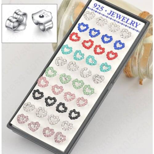 Romantic Heart Shaped Austria Crystal With 925 Sterling Silver Woman Girl Stud Earrings 8 Colors Shiny Jewelry 80PCS Lot