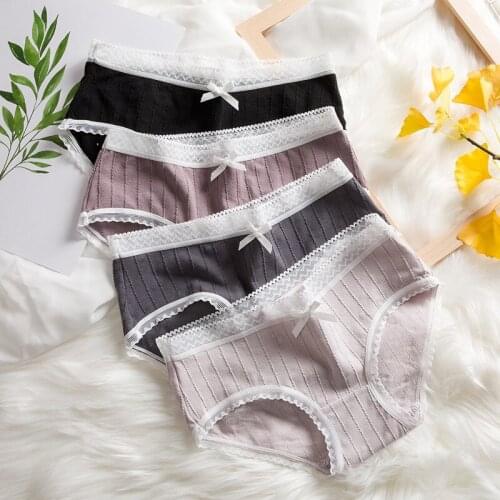 Roseheart Women Fashion Pink Green Cotton Mid Waist Bow Cotton Panties Underwear Lingerie Briefs Underpants M L XL