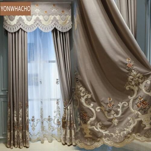 Custom curtains luxury upscale villa bedroom velvet embroidery thick coffee cloth blackout curtain valance tulle panel B932