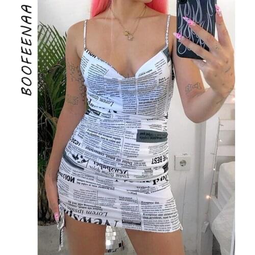 BOOFEENAA Sexy Summer Dresses Women Vintage Fashion Newspaper Print Bodycon Mini Dress Drawstring Pleated Club Sundress C15-BH21