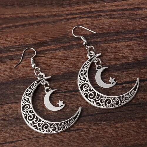 Silver colour Crescent Moon Earrings Luna Dangle Handmade Crystal Witchy Hippie Filigree and Star Celestial 2021 Women Gift